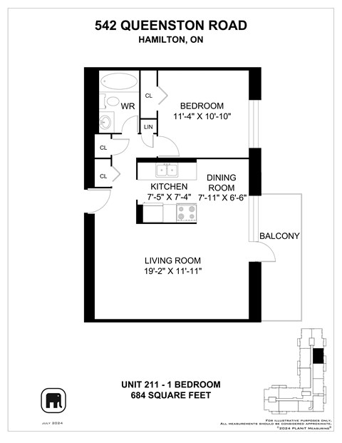 A floor plan for a 1-bedroom apartment at 542 Queenston Road in Hamilton, Ontario.